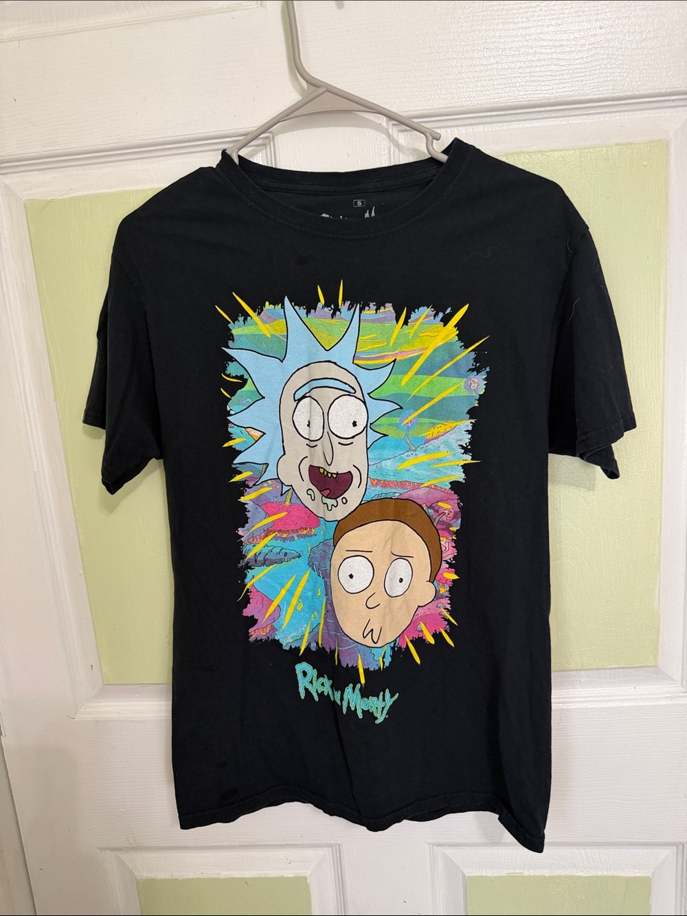 (0000) Rick and Morty Black Graphic Tee with Neon Character Print, Size: Small